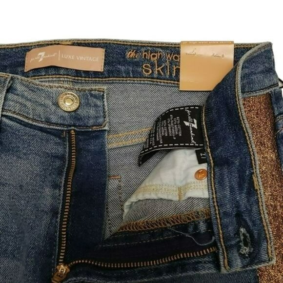 7 For All Mankind Ankle Skinny Jean High Waist Gold Stripe Blue Women's 27 - Picture 12 of 15